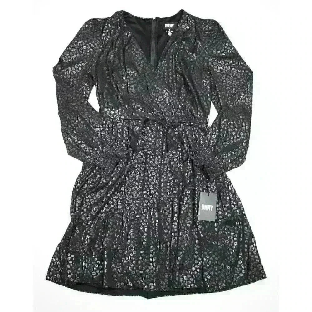 NEW! DKNY Women's 6 Long Sleeve V-Neck Ruffle Fit and Flare Dress NWT $134